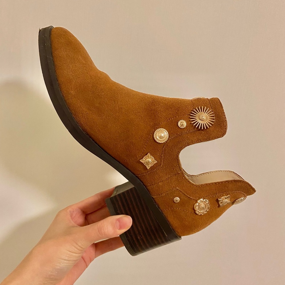 Miista Tan Suede Ankle Booties with Gold Stud Accents